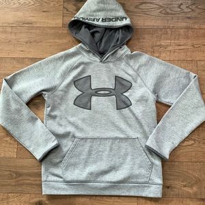UA Under Armour Gray Long Sleeve Hooded Sweatshirt Youth Large Pockets